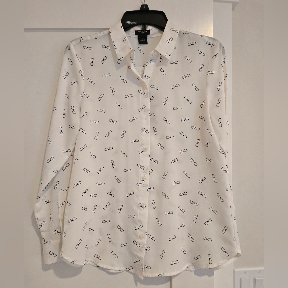 Ann Taylor White Shirt with Glasses Print